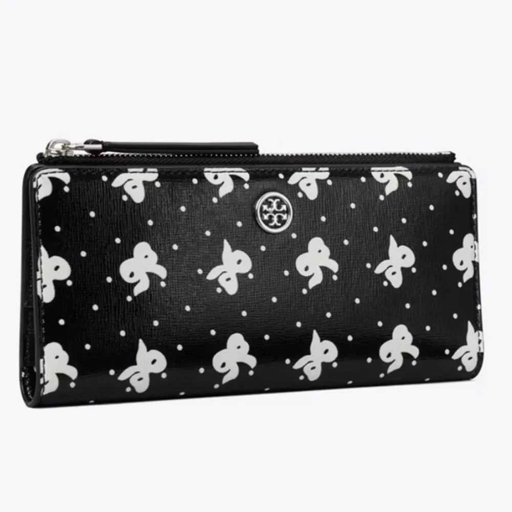 Tory Burch Black and White ROBINSON PRINTED ZIP SLIM WALLET